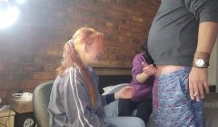 Two shy girls playing with my massive cock