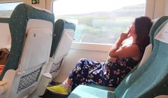 Young milf seduces voyeur on public train.