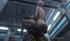 3d monster plays with a young woman in the Mars base camp