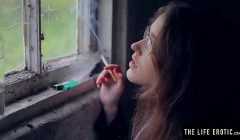 Angry girl in glasses with puffy nipples masturbates hard in the dirty alley