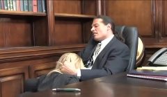 Big boobs blonde Aline in stocking seduces boss for quickie sex on desk