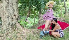 Busty stepmother, perverted slut, has sex in the countryside outdoors with her stepson – WHAT A TASTY BLOWJOB