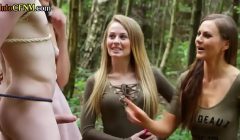 CFNM dominas jerk and suck sub in forest group domination