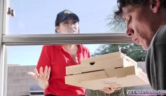 Horny guys Jay Romero and Rion King ordered a pizza but Ember Snow delivered it late so she offers her pussy and started a hot pizza threesome party.