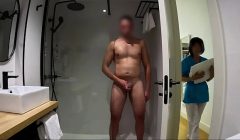 I jerk off in the bathroom until the room service cleaning girl comes in and helps me finish cumming