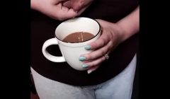 Lactating big tit squeezes breast milk into coffee