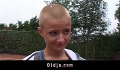 Sexy short haired student sucking grandpa dick