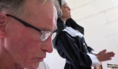 Sexy young nun has sex for the first time with a grandpa in the confessional