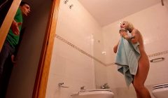 Spying on my blonde stepmom in the shower, she catches me fucking her and cumming on her face