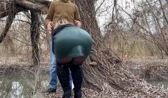 Squeezing my stepmother in law’s fat ass in a leather skirt before she helps me pee outside