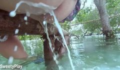 Strong anal milk enema pushing out outdoors