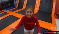Thai amateur MILF girlfriend having fun on a trampoline and then fucked at home