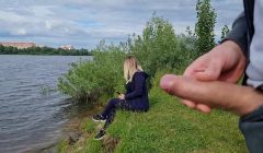 The exhibitionist man saw a lonely girl in nature and took out his dick in front of her and began to masturbate the dick in front unfamiliar beauty, he risks scaring her, but she likes to look at a big male dick and wants to see his cumshot