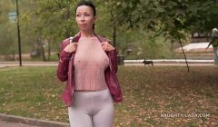 Thin white tight leggings and sheer blouse… Did you check out my cameltoe ;)?