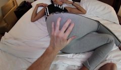 Tiny Asian Girl In Yoga Pant Gets Fucked and I Cum On Her Hair Pussy
