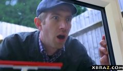 Window washer fucks a busty office bitch with his big dick