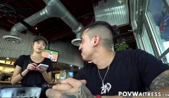 Young Asian waitress Vina Sky does anything for extra cash